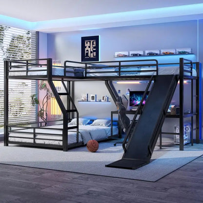 L-Shaped Twin over Full Bunk Bed with Loft, Metal Triple Bunk Bed with Slide, USB Ports, Space-saving, Noise-free Design, Black