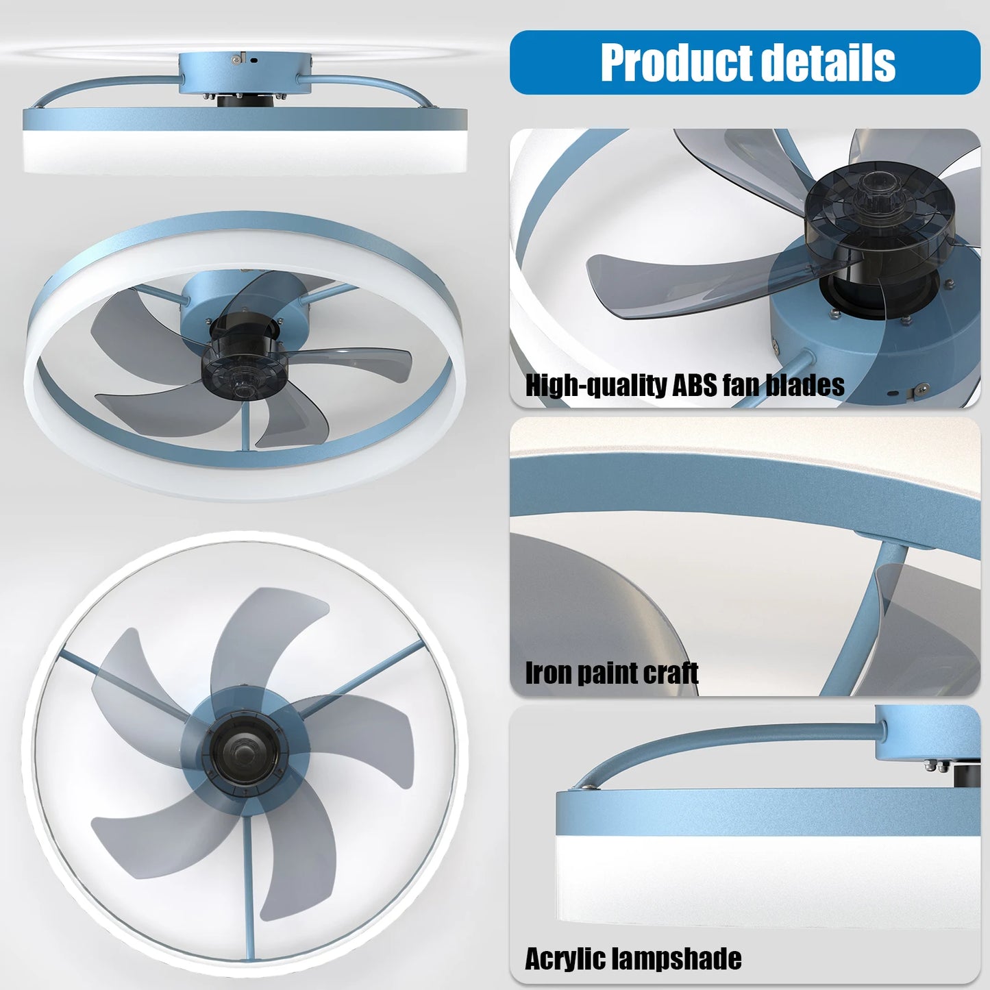 Blue Modern Ceiling Fan with LED Light, Low-Profile Flush Mount,6-Speed Adjustable, Ideal for Bedroom and Living Room