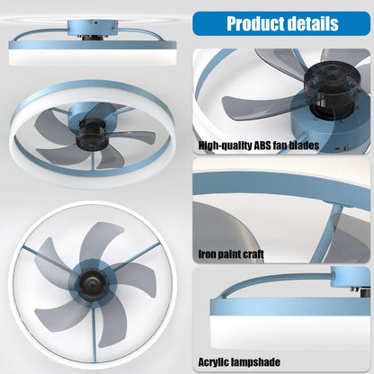 Blue Modern Ceiling Fan with LED Light, Low-Profile Flush Mount,6-Speed Adjustable, Ideal for Bedroom and Living Room