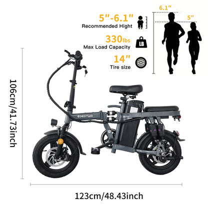EOEOTWO F12 Foldable Electric Bike for Adults,14'' Commuter E Bike,600W Peak,22-25mph,32Miles Range,48V Removable Battery,Bikes