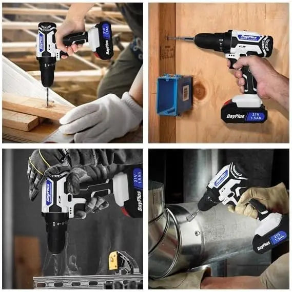 DayPlus 21V Portable Cordless Power Drill Set Impact Screw Driver with 1500mAh Li-Ion Battery 25+1 Torque Setting 45N.m