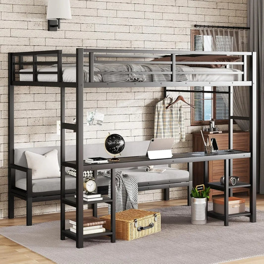 Futon bunk Bed Twin XL Over Queen, Queen loft Bed with futon and Desk and Shelves, LED, USB, Black