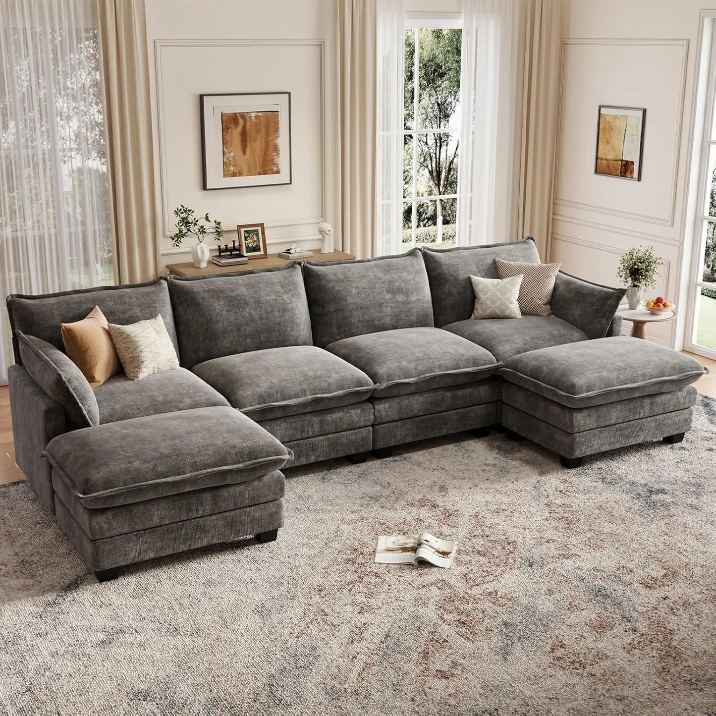Modular Sectional U Shaped Sofa Couches for Living Room, Cloud Couch with Movable Ottoman, Comfy Chenille Sofa , Customized