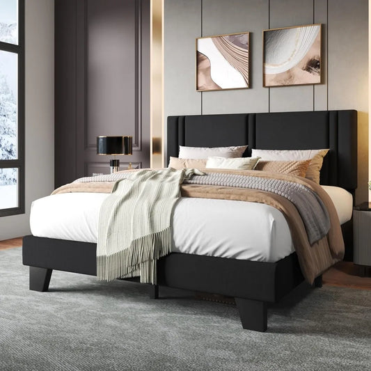 Upholstered Queen Size Bed Frame with Linen Fabric Headboard, Strong Wooden Slats Support, Noise Free, No Box Spring,Customized