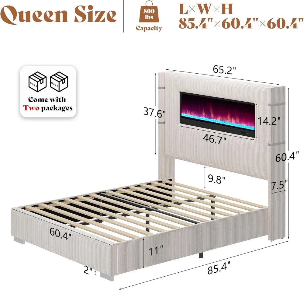 Modern Queen Size Bed Frame with Fireplace, Cream Wingback Platform Bed Frame with 60.4“ Extra Tall Headboard, Corduroy