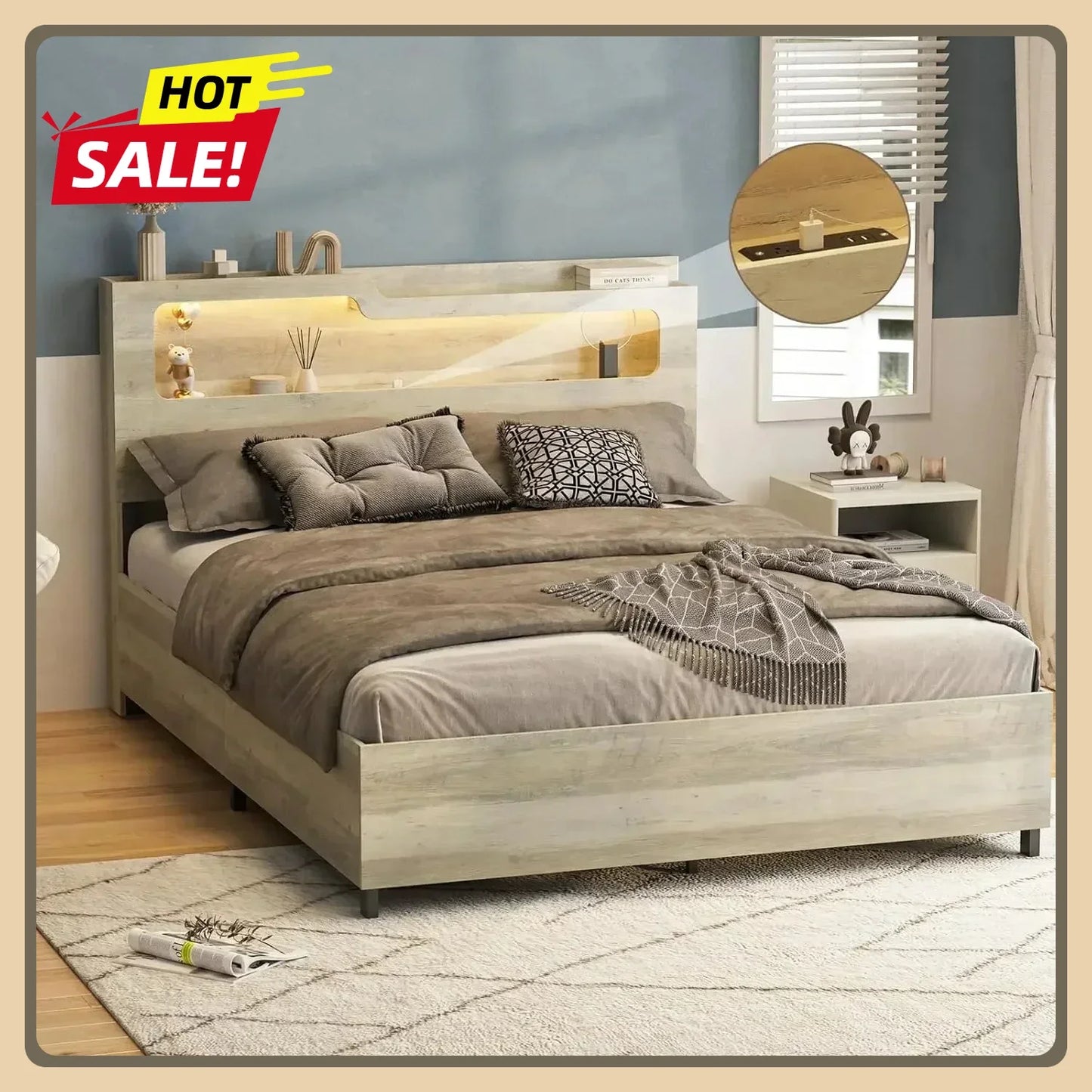 [Limited Time Offer + Free Shipping!]Queen Size Lift Up Storage Bed Frame with Lifting Storage & Charging Station, 2-Tier Headbo