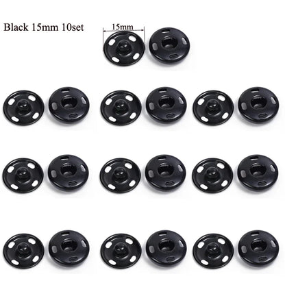 10/50Set 10-21mm Metal Sew-on Snap Buttons Black Silver Color DIY Sewing Clothing Snap Fastener Buttons Craft Press Studs Button