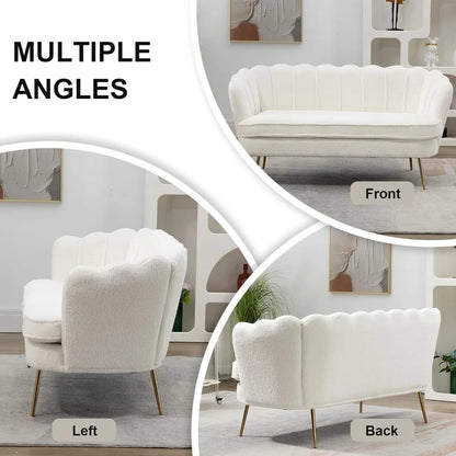 59" Wide Loveseat Sofa, Boucle Upholstered Small Couch with Petal Design, Modern Leisure Sofa with Gold Metal Legs