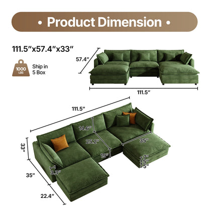 111.5" L Shaped Modern Sofa Modular Sectional Cloud Couch with Ottoman, 4-Seat Chenille Deep Seat Sofa with Pillow for Living Ro