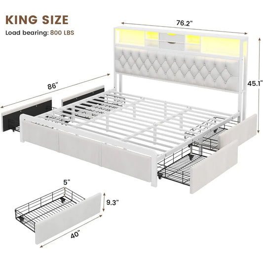 King-Sized Bed Frame with Four Storage Drawers and Headboard, Velvet-Covered King Platform Bed with LED Lighting and Charging St