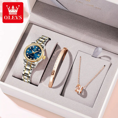 OLEVS Automatic Watch for Women Diamond Gold Luxury Stainless steel Elegant Original Women's Automatic Watch Necklace Gift Set
