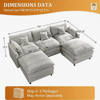 108" Cloud Couch, Modern U-Shaped Modular Sectional Sofa with 2 Ottomans & 5 Lumbar Pillows, 5-Seater Deep Seat, Customized