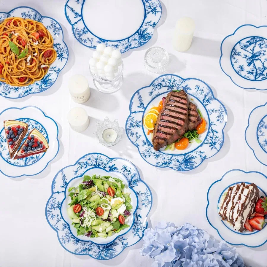 LIYH 60 Pcs Blue Plastic Plates Set Heavy Duty Floral and White Plastic Plates for Party Wedding Elegant Plate Bridal Shower Fl