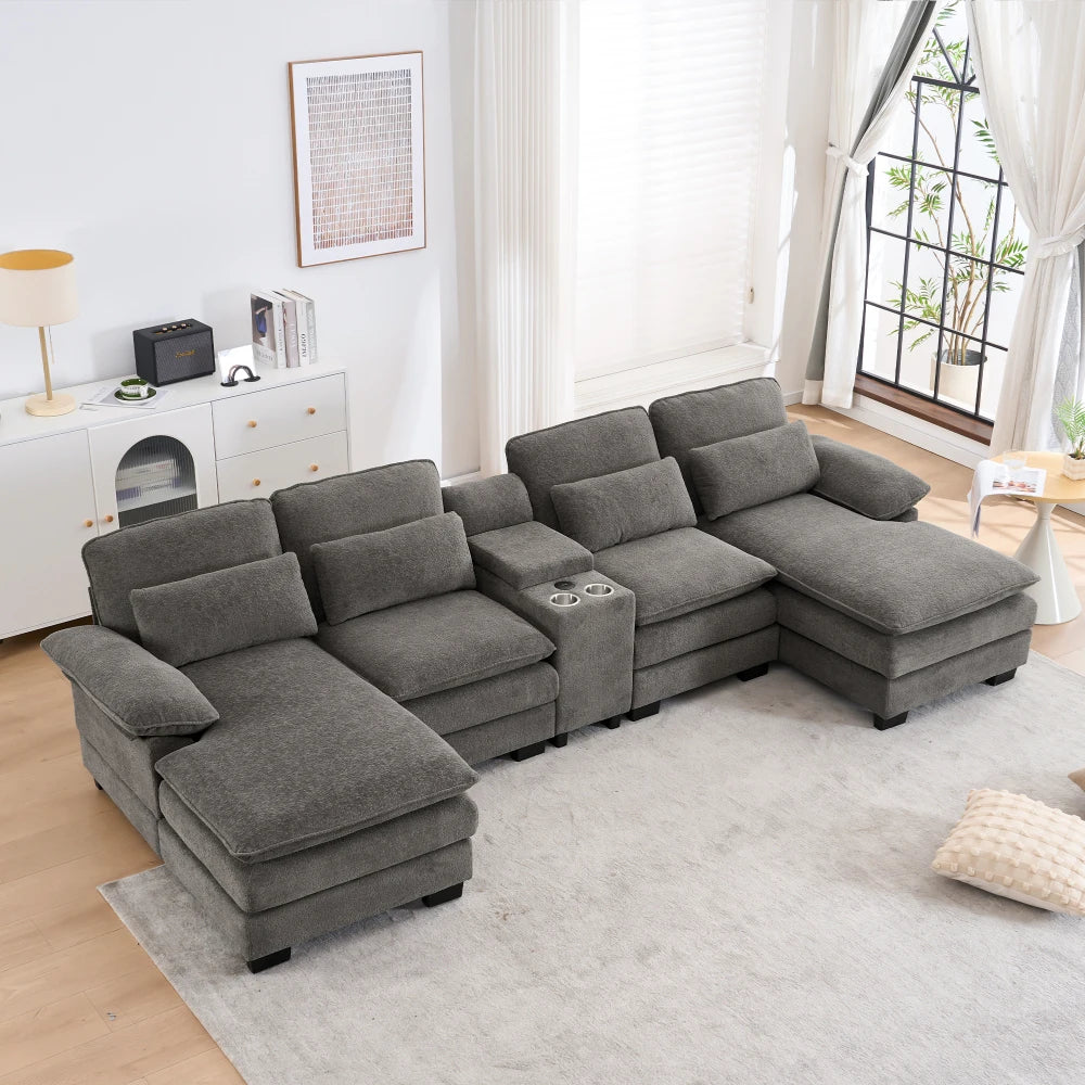 124" Luxury Modern Modular U-Shaped Sectional Sofa, 4-Seater Chenille Cloud Couch w/ Storage Console, Cup Holders & Pillows