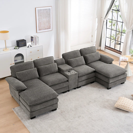 124" Luxury Modern Modular U-Shaped Sectional Sofa, 4-Seater Chenille Cloud Couch w/ Storage Console, Cup Holders & Pillows