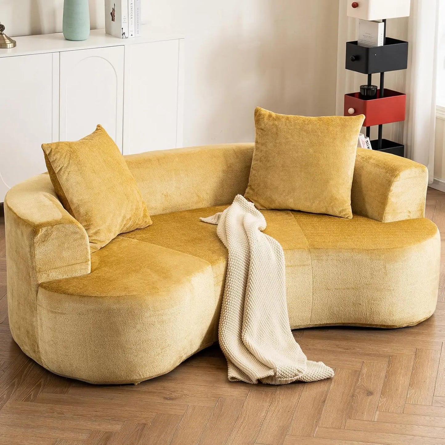 80“ Curved Loveseat for Small Spaces, White Curved Couches for Living room, Compression Sofa in a Box with 2 Pillows,