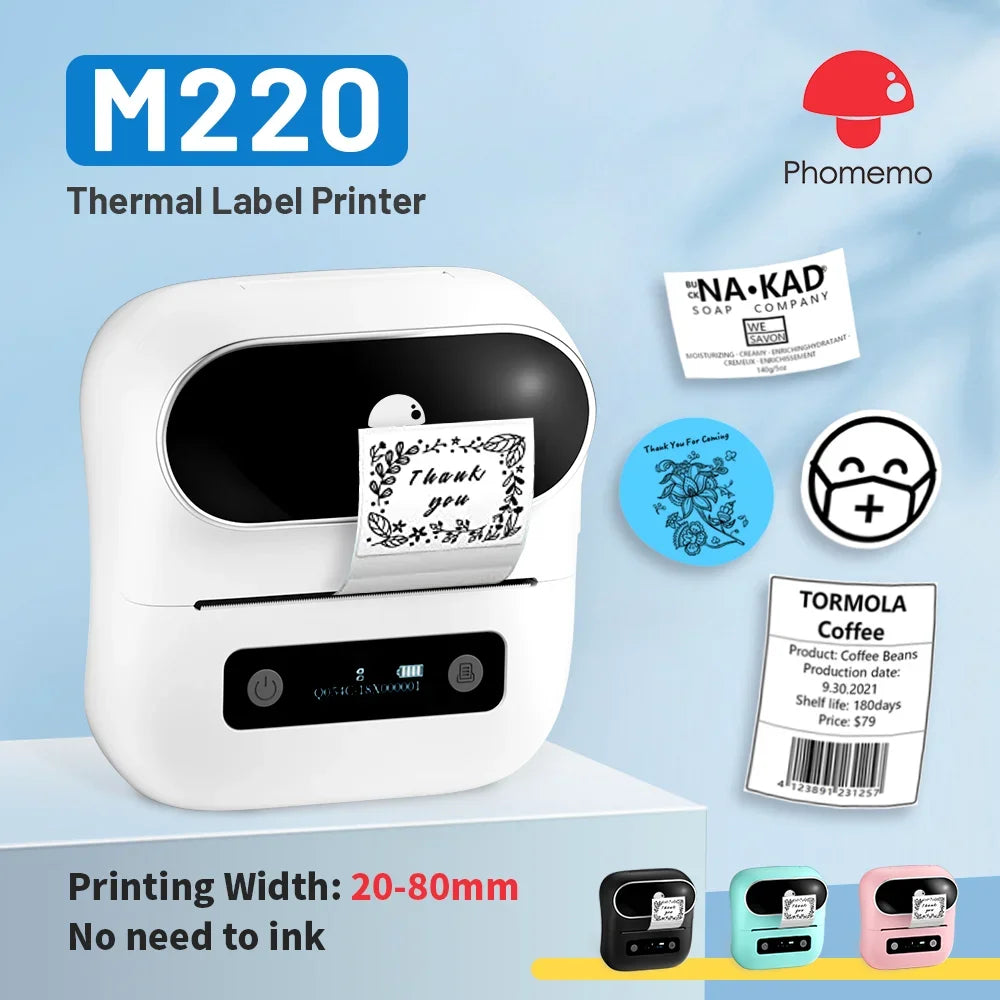 Phomemo M220 Label Printer Portable Handheld Thermal Maker Bluetooth Barcode QR Code Sticker Paper Rolls Labeller White 75mm Tag