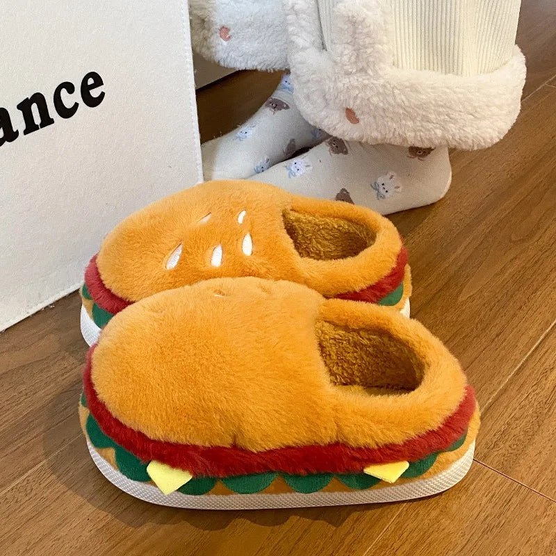 House Fuzzy Female Home Slippers Women Winter Warm Plush Burger Hamburger Indoor Funny Cute Floor Home Room Shoes Flat Casual