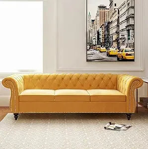 Chesterfield Leather Sofa 3 Seater Couch, Mid-Century Large Sofa Roll Arm Classic Tufted Settee Modern PU Sofa with Channel Tuf