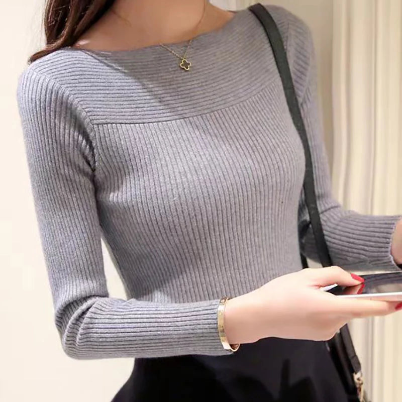 ITOOLIN Women Knitted Long Sleeve Office Sweaters Ribbed Slash Neck Slim Sweater Women Casual Solid Pullovers Top Autumn Winter