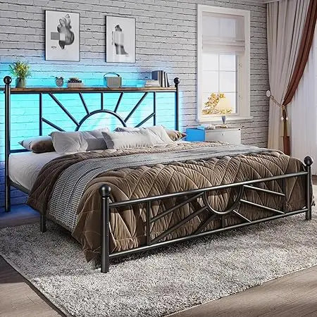 Complete Metal Bed Set with Headboard & Footboard, Built-in LED Lights, Under-Bed Storage & Noise-Free Design,Customized