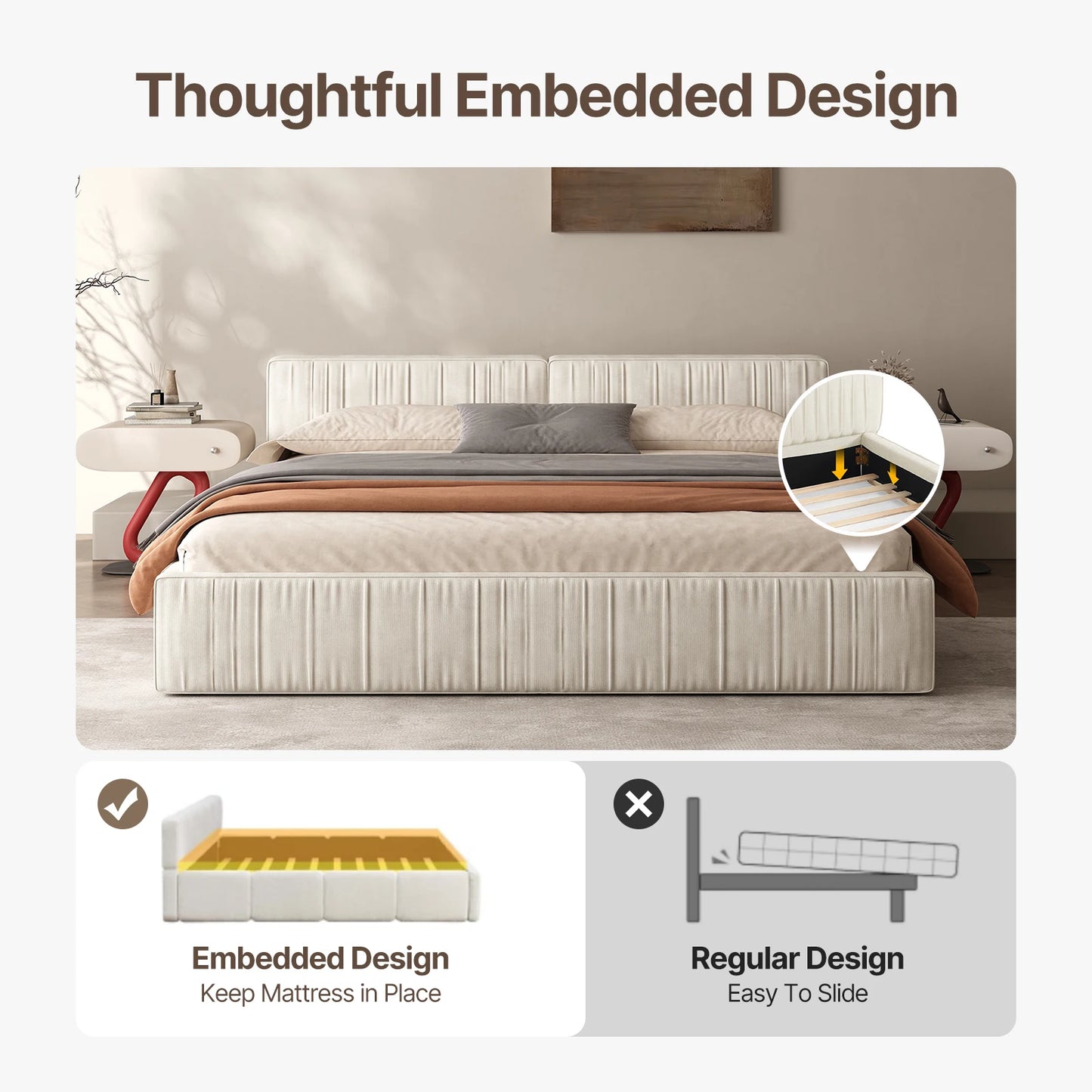 Queen Size Chenille Platform Bed with Thick Headboard and Footboard, Block Pleated Design Style, Wooden Structure Solid, Noise F