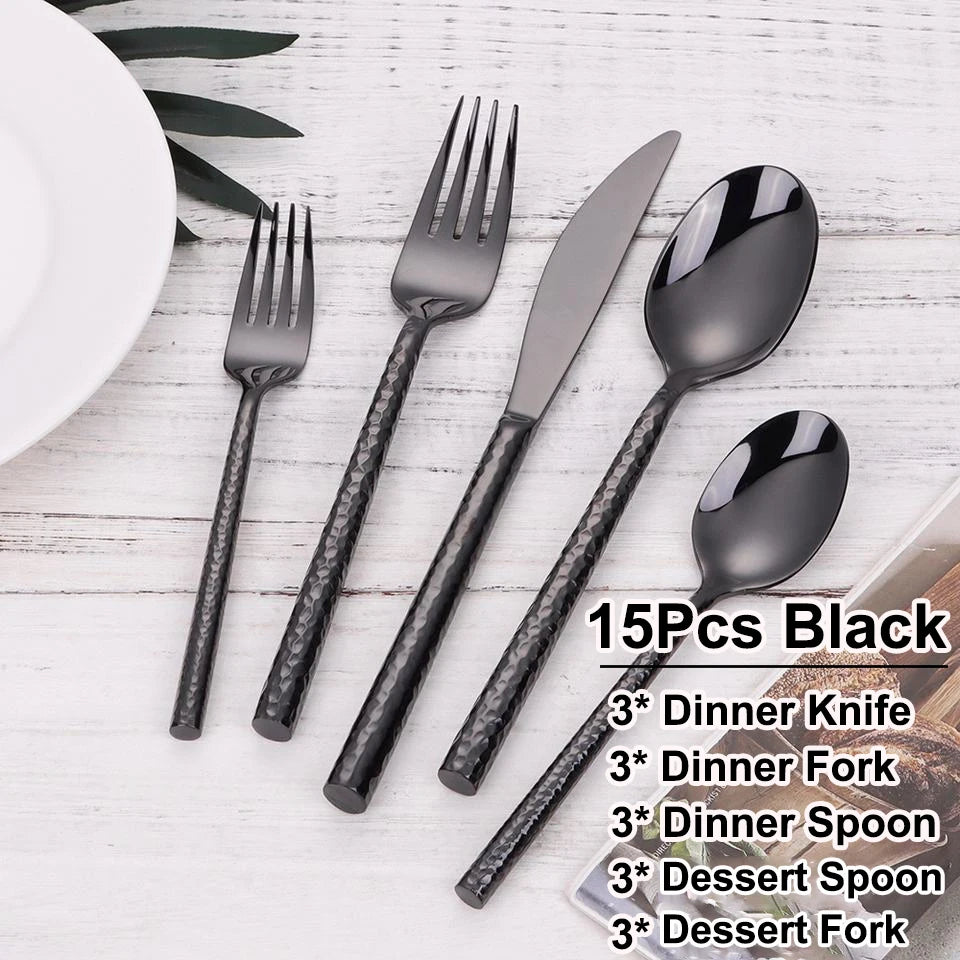 5/10/15/20Pcs Gold Heavy Cutlery Sliver Dinner Set Stainless Steel Tableware Mirror Western Hammer Pattern Handle Knife Fork