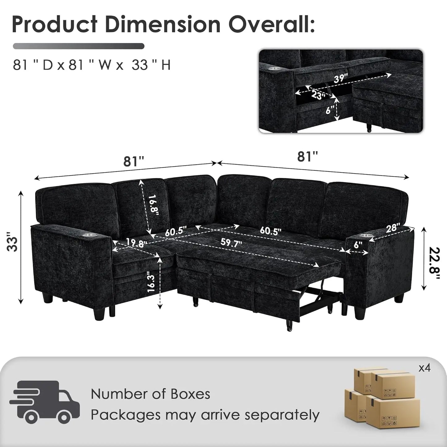 81" Modular Sectional Sofa, Pull Out Couch L Shaped 5-Seater Sectional with Hidden Storage, Cup Holders & USB, Customized