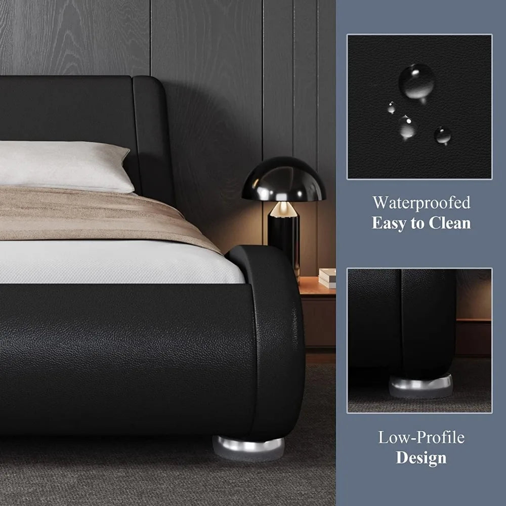 Allewie Queen Size Bed Frame with Ergonomic & Adjustable Headboard, Low Profile Modern Upholstered Platform Sleigh Design - Easy