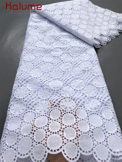 White African Guipure Cord Lace Fabric with Sequins 2025 High Quality Nigerian Guipure Cord Lace for Sewing Wedding Dress F4025