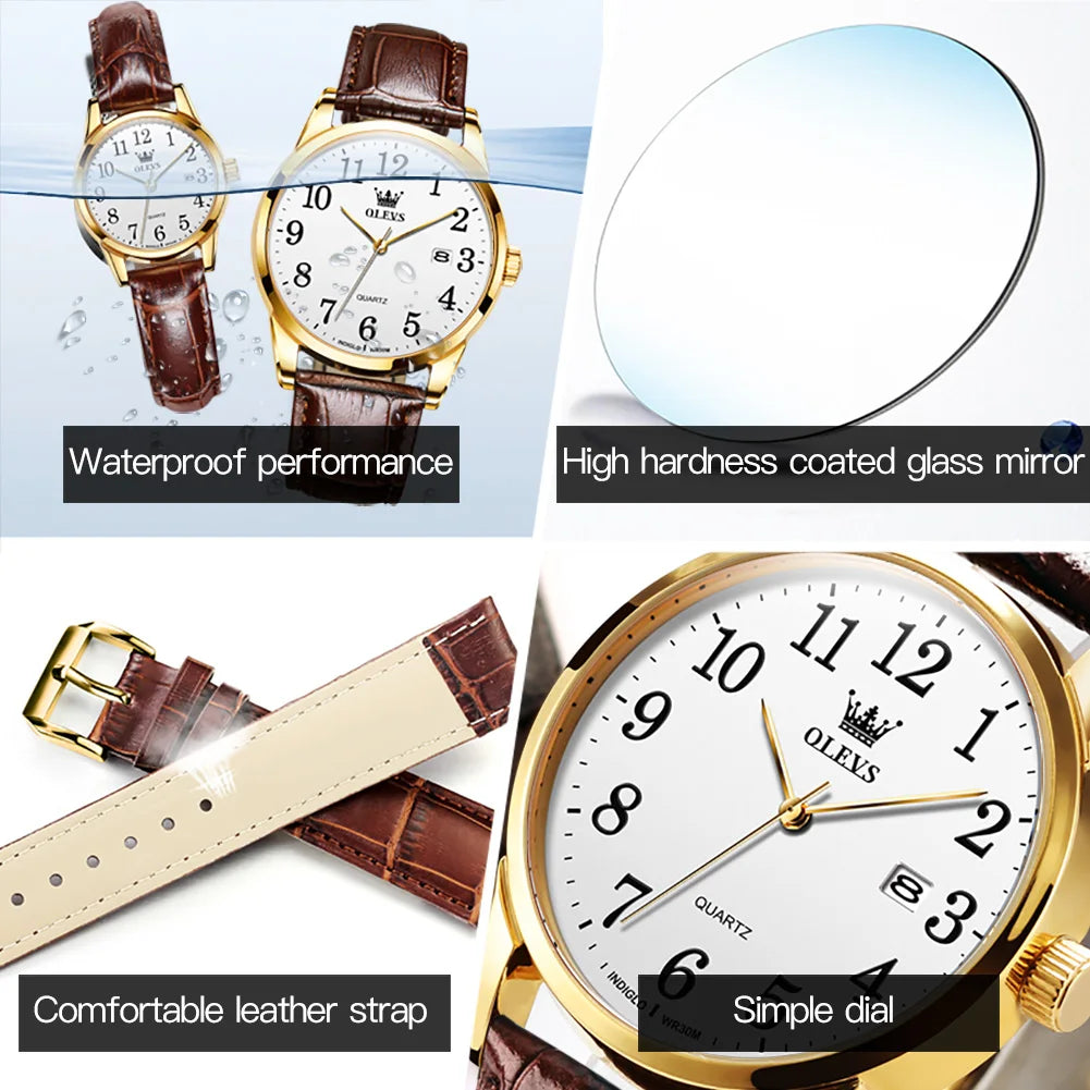 OLEVS Brand Fashion Quartz Watch for Men and Women Leather Strap Waterproof Original Watch Arabic Numeral Scale Giving to Elders