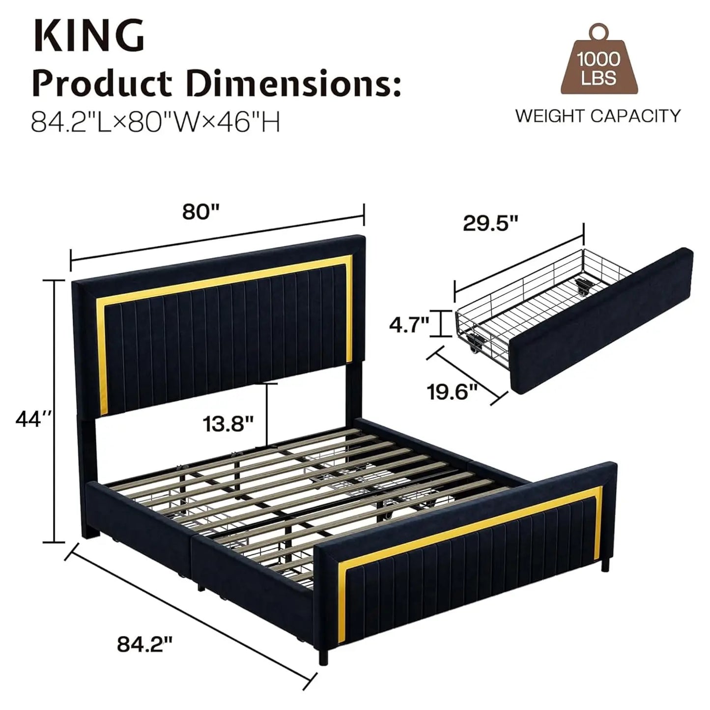 King Upholstered LED Platform Bed Frame with Storage Drawers Adjustable Headboard No Box Spring, Customized