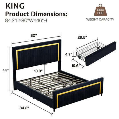 King Upholstered LED Platform Bed Frame with Storage Drawers Adjustable Headboard No Box Spring, Customized