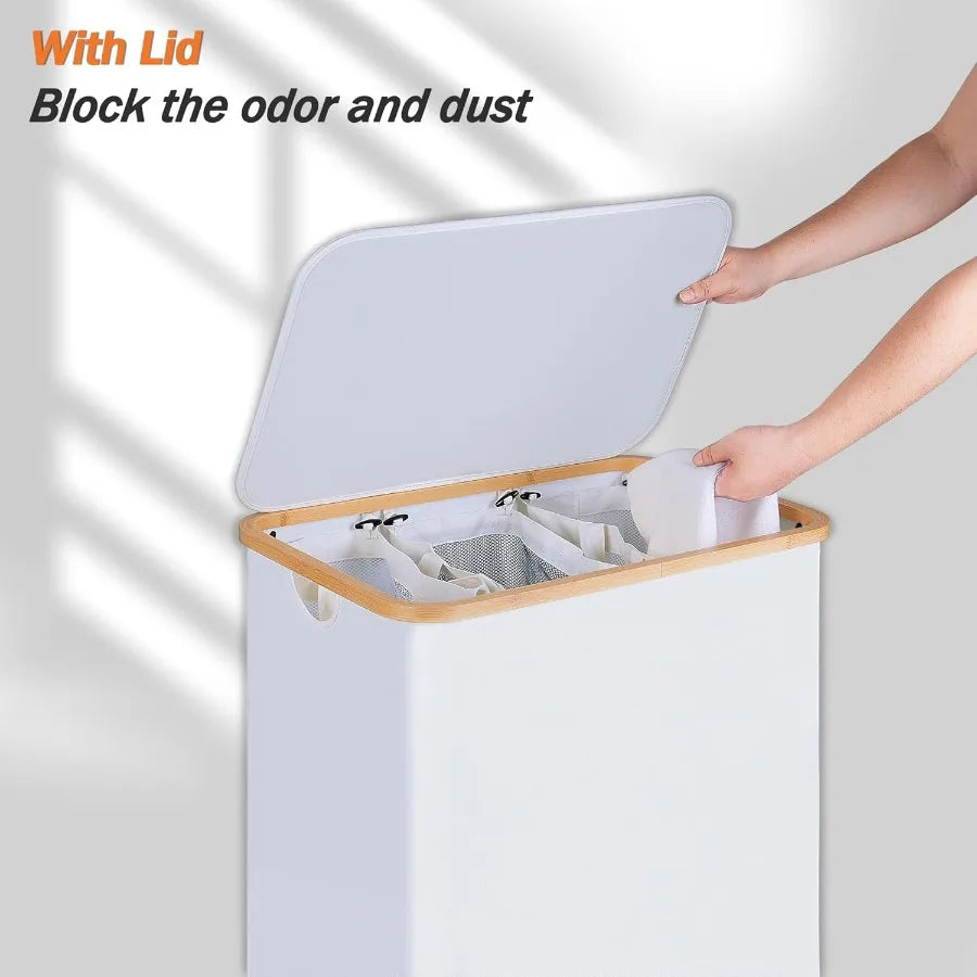 Double Laundry Hamper with Lid and 2 Removable Bags for Efficient Sorting 2Section Design with Bamboo Handles Ideal for Bathroo