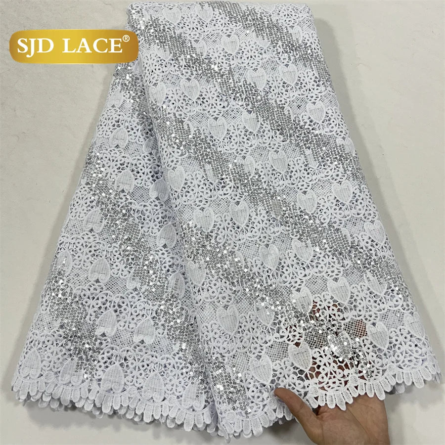 SJD LACE African Sequins Guipure Cord Lace Fabrics 5 Yards White 2025 New Nigerian Water Soluble Lace For Women Dresses Sew 4197