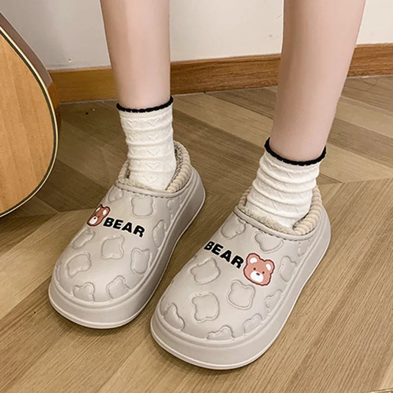 Comwarm Winter Furry Slippers For Women Waterproof Cotton Slides Platform Indoor Slides Fuzzy Warm Cozy Outdoor Women's Slippers