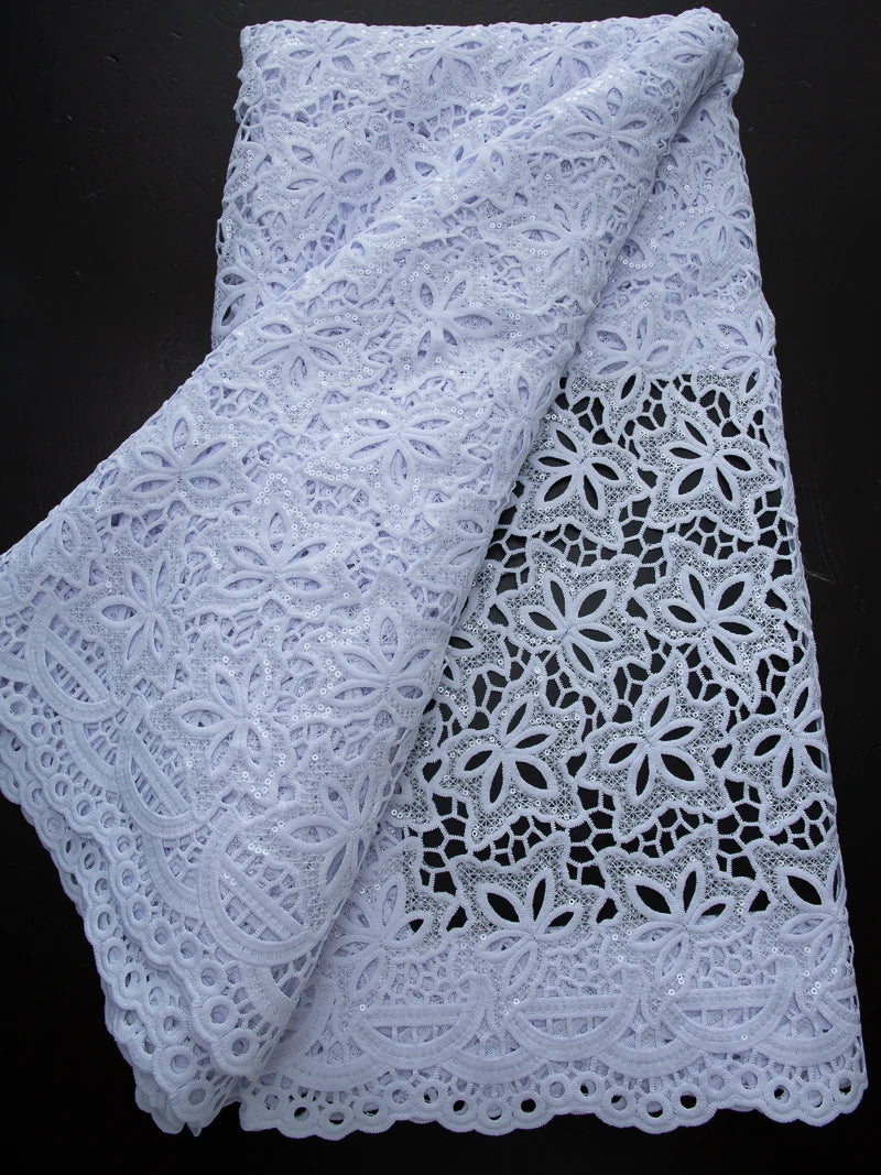 Pure White Nigerian Guipure Lace Fabric 2025 High Quality Water Soluble African Sequin Cord Lace Fabric for Party Dress Sew 4025