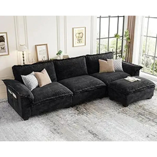 L-Shaped Modular Sectional Sofa, 4 Seater Cloud Couch with Ottoman, Chenille Sectional Couches for Living Room,Customized