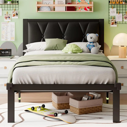 Twin Metal Bed Frame, Linen Platform Bed with Button Tufted Headboard, Heavy Duty Slats Support, 12" Under Bed Storage,