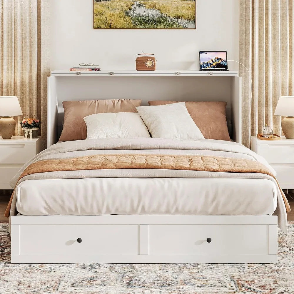 Queen Murphy Bed with Storage & Charging Station, Foldable Cabinet for Guest Room, Living Room, Office - Distressed White