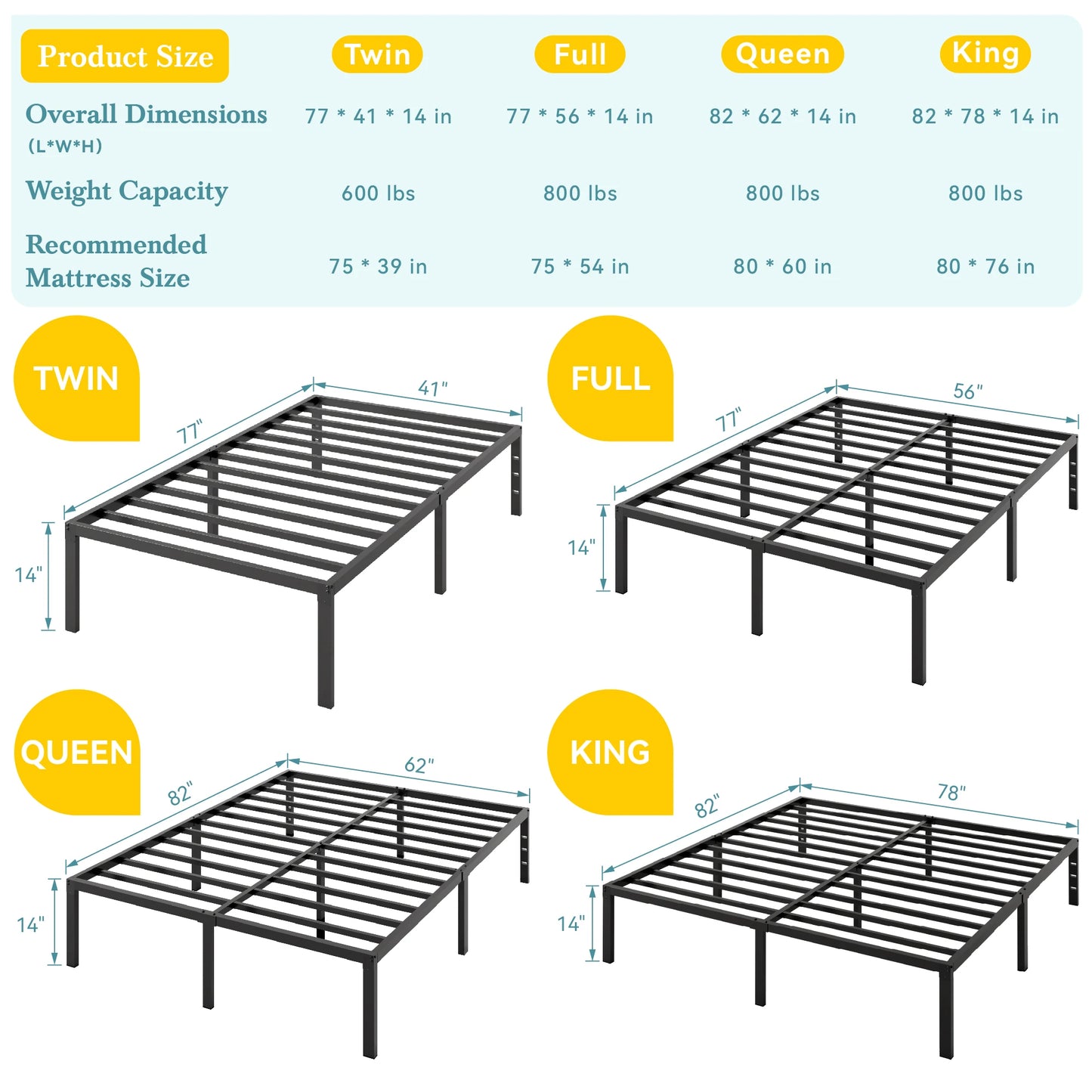 HOOMIC 14"  Twin/Full/Quen/King Metal Platform Bed Frame with Storage Space, No Box Spring Needed, Easy Assembly