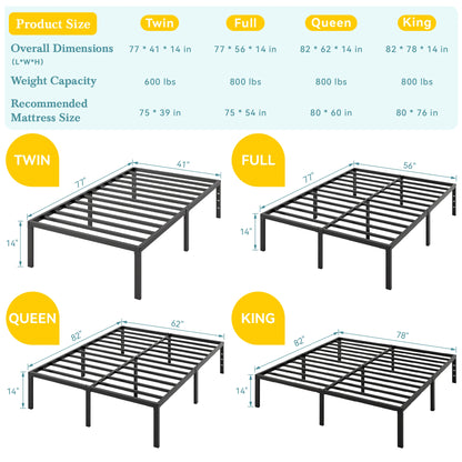 HOOMIC 14"  Twin/Full/Quen/King Metal Platform Bed Frame with Storage Space, No Box Spring Needed, Easy Assembly
