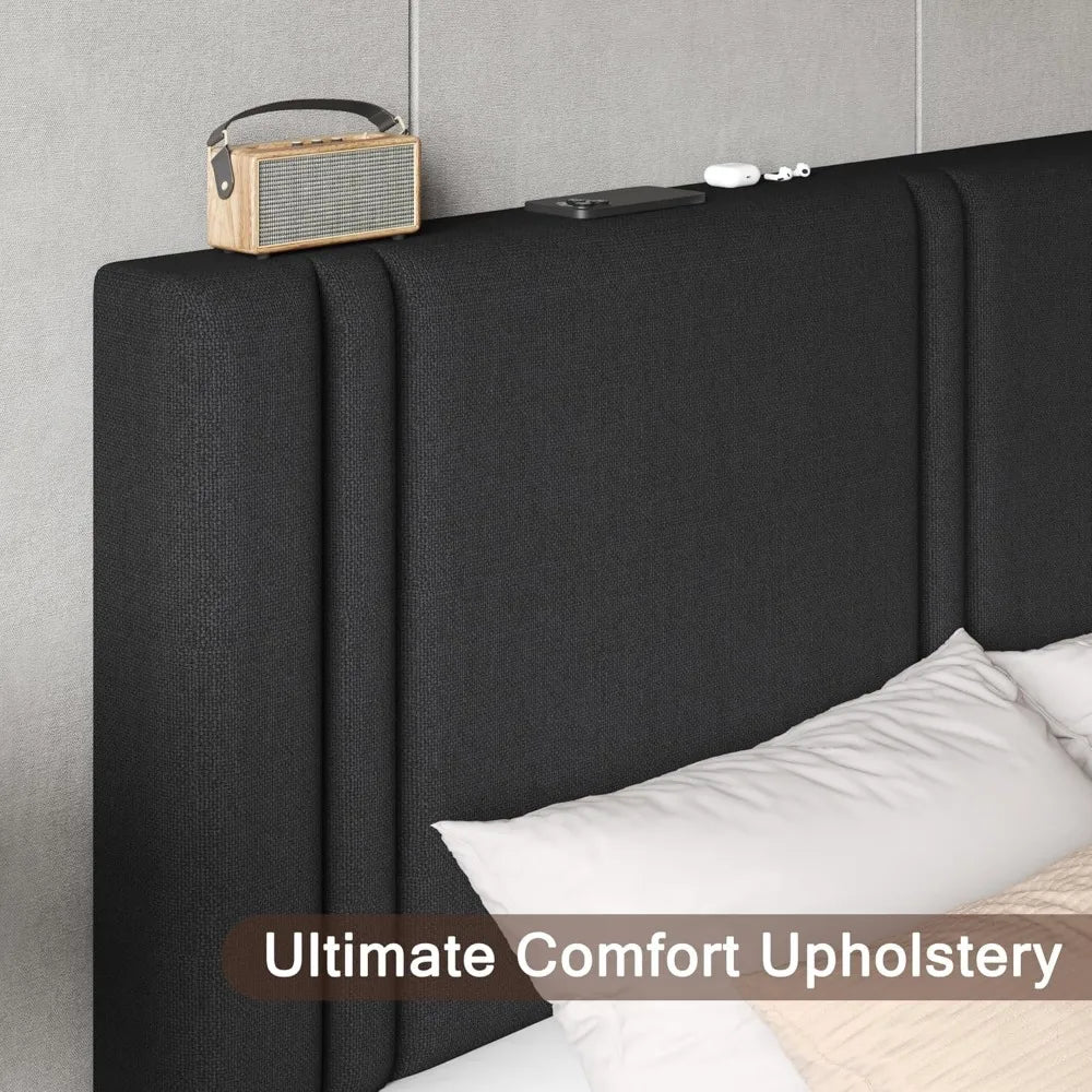 Upholstered Queen Size Bed Frame with Linen Fabric Headboard, Strong Wooden Slats Support, Noise Free, No Box Spring,Customized