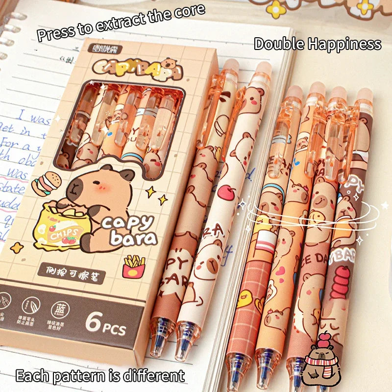 6Pcs Cute Capybara Gel Pens Kawaii Pen Set Quickly-Drying Blue Erasable Pens Office School Supplies Kawaii Aesthetic Stationery
