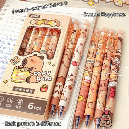 6Pcs Cute Capybara Gel Pens Kawaii Pen Set Quickly-Drying Blue Erasable Pens Office School Supplies Kawaii Aesthetic Stationery
