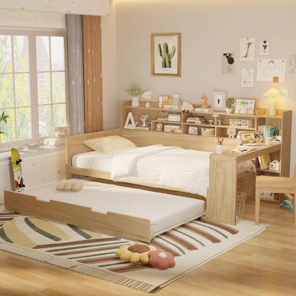 Twin Size Daybed with Trundle, Side Bookcase and Desk, Pine Wood Captains Bed with Storage Shelves Headboard , Customized