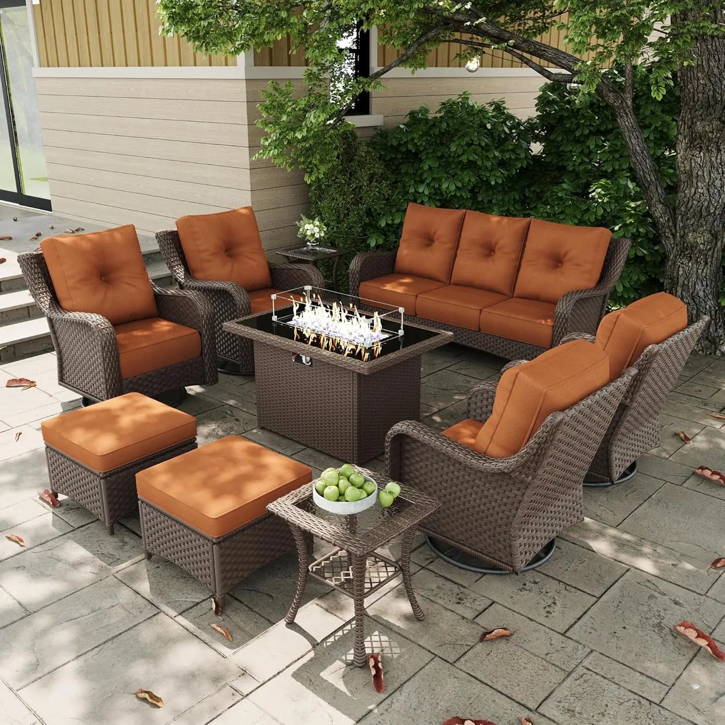 10 Pieces Outdoor Patio Furniture Sets with Rocking Swivel Chairs with 6-inch Thick Cushion and Fire Pit Table for, Customized