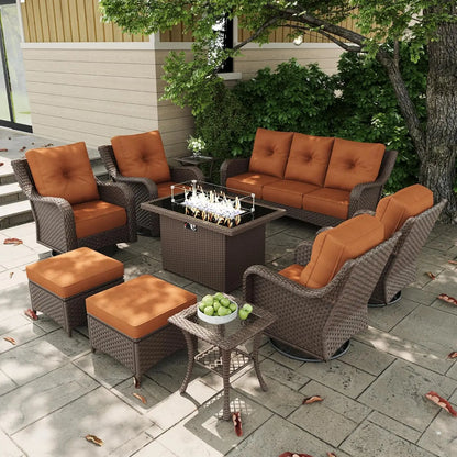 10 Pieces Outdoor Patio Furniture Sets with Rocking Swivel Chairs with 6-inch Thick Cushion and Fire Pit Table for, Customized