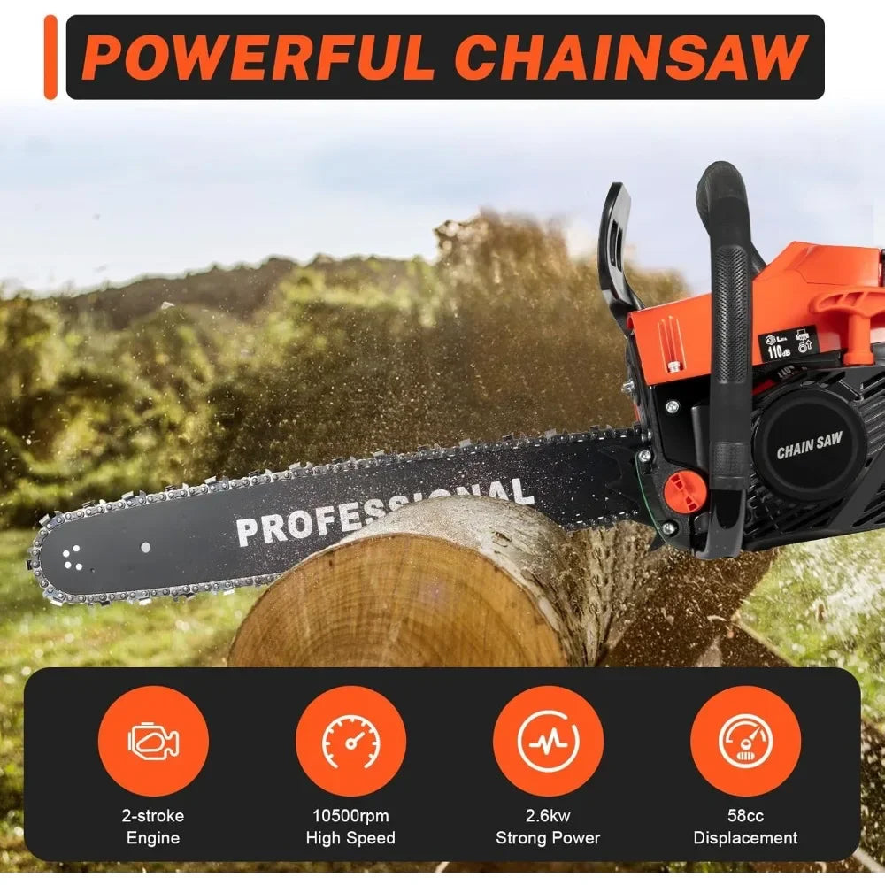 2 Stroke Gas Powered Chainsaw 58CC 20 Inches Gas Chainsaw Handheld Cordless Chain Saw for Tree Trimming Wood Cutting