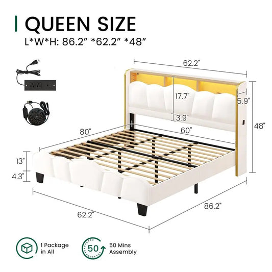 Queen Size Bed Frame with LED Lights and Charging Station Velvet Upholstered Platform Bed Frame with Storage Headboard, No Box S